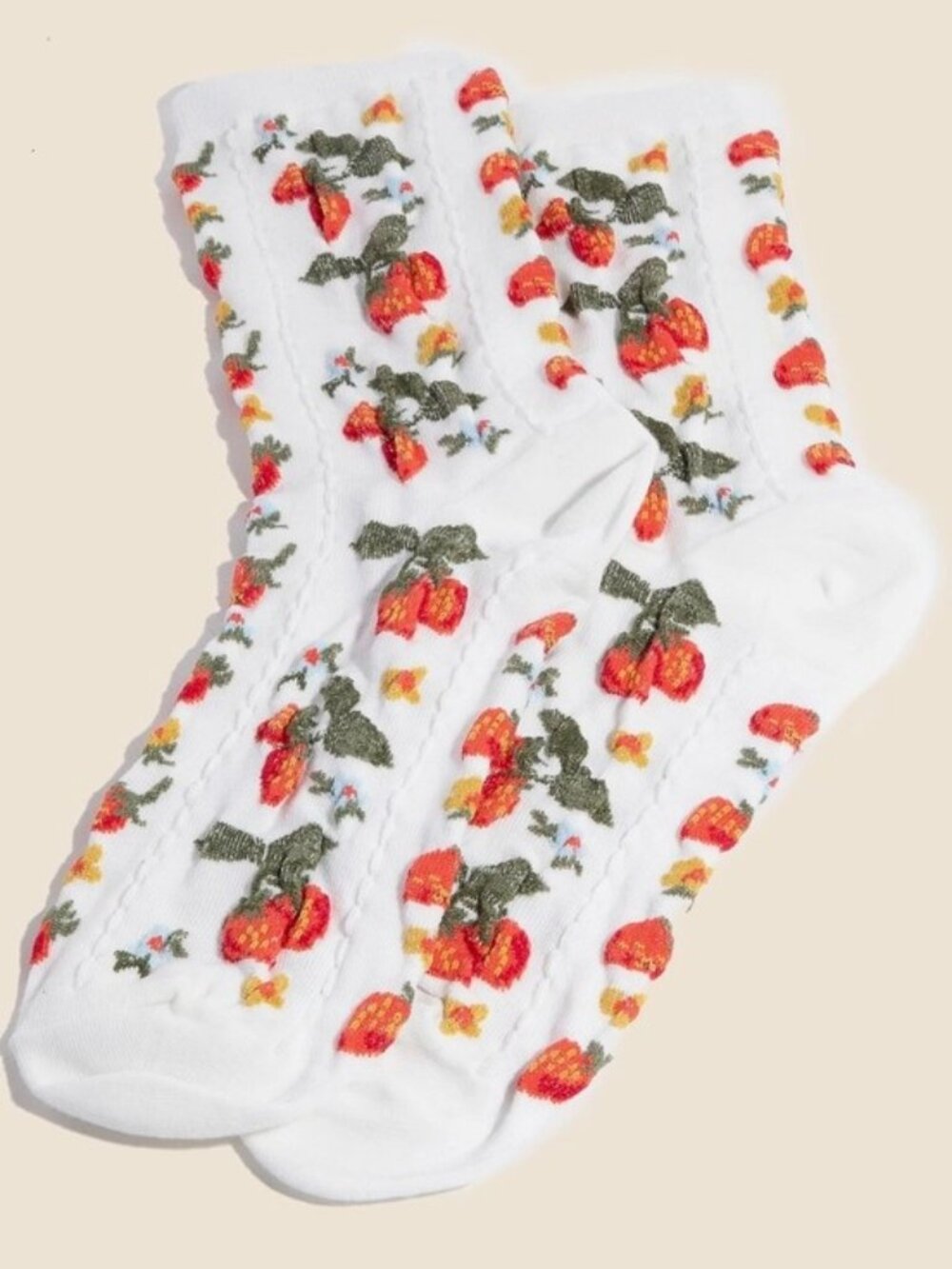 Strawberries and Flowers Embroidered White Socks